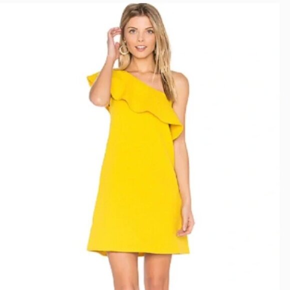 Cupcakes & Cashmere NWT One-Shoulder Yellow Ruffle Tex Mini Dress, Medium - Picture 1 of 8